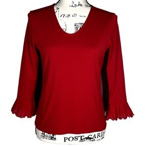 Style & Co Sz PS V-Neck Blouse Red 3/4 Sleeves Semi-Sheer Ruffles at Wrist